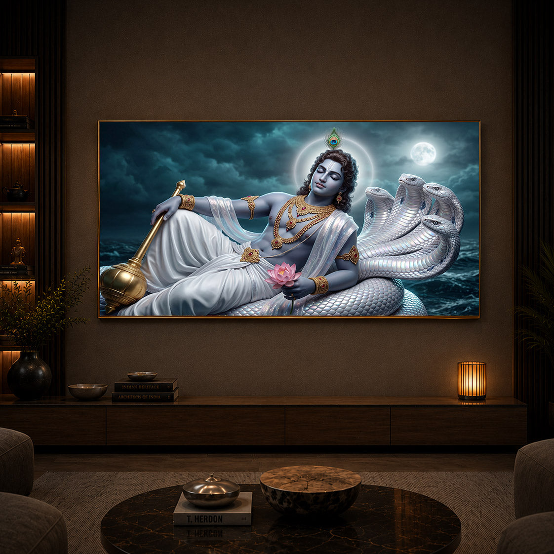 Lord Vishnu With Sheshnag Modern Luxury Backlight Horizontal Wall Art