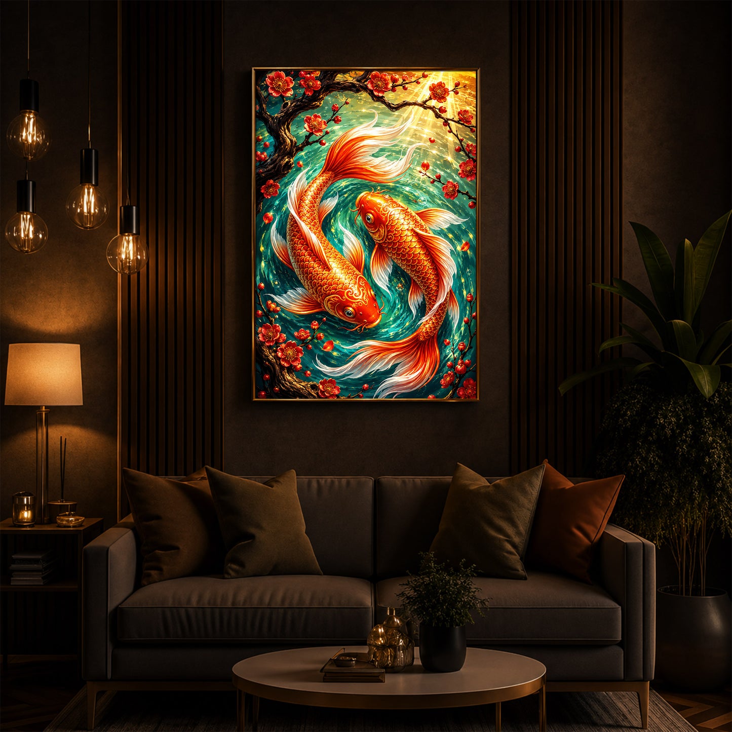 Two Beautiful Koi Fish Modern Luxury Backlight Vertical Wall Art