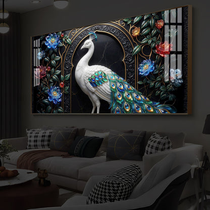 Majestic Peacock With Flower Modern Luxury Backlight Horizontal Wall Art