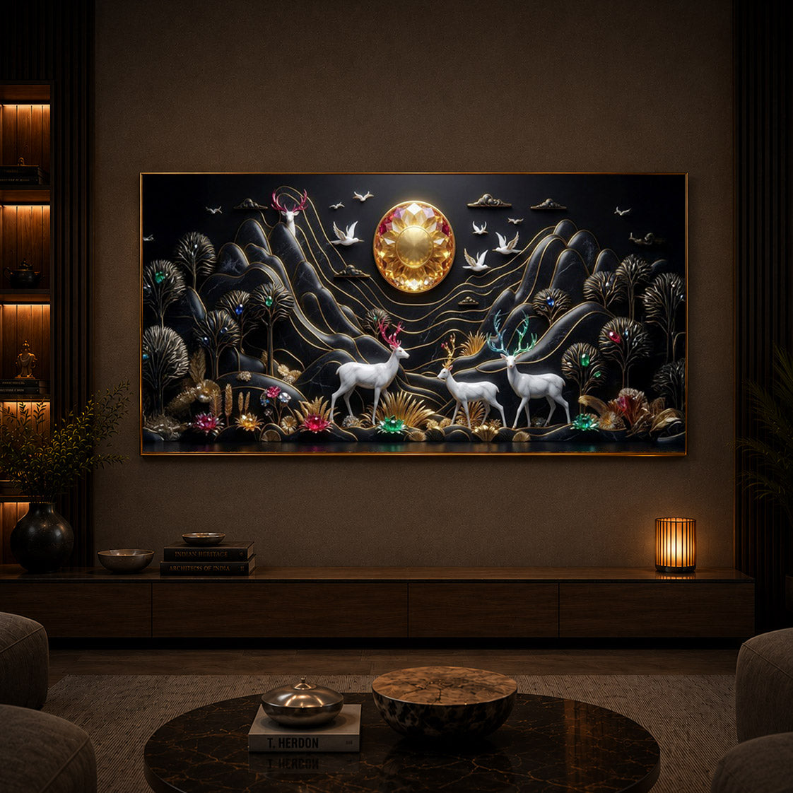 White Deer With Family Modern Luxury Backlight Horizontal Wall Art