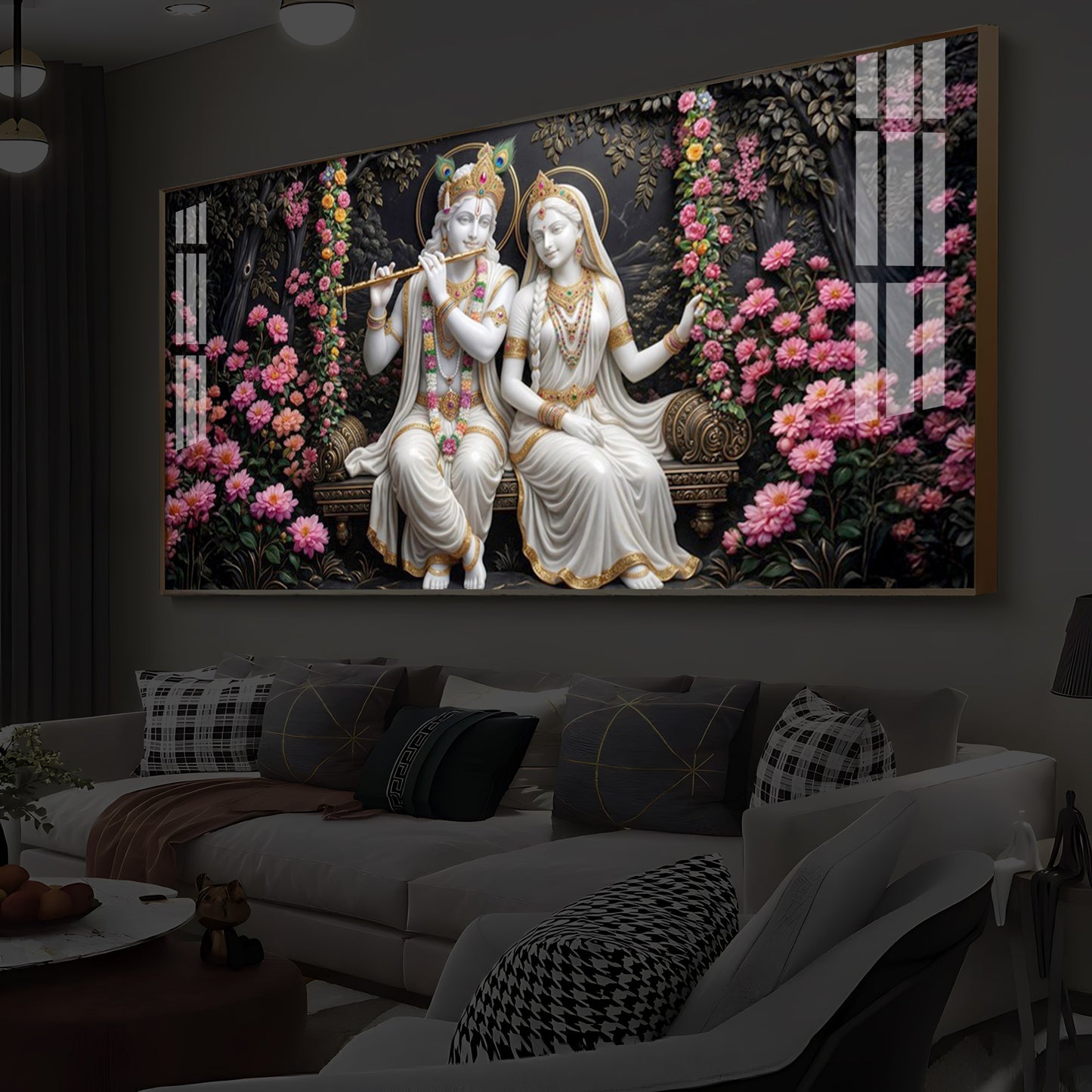 Radha Krishna With Flower Modern Luxury Backlight Horizontal Wall Art