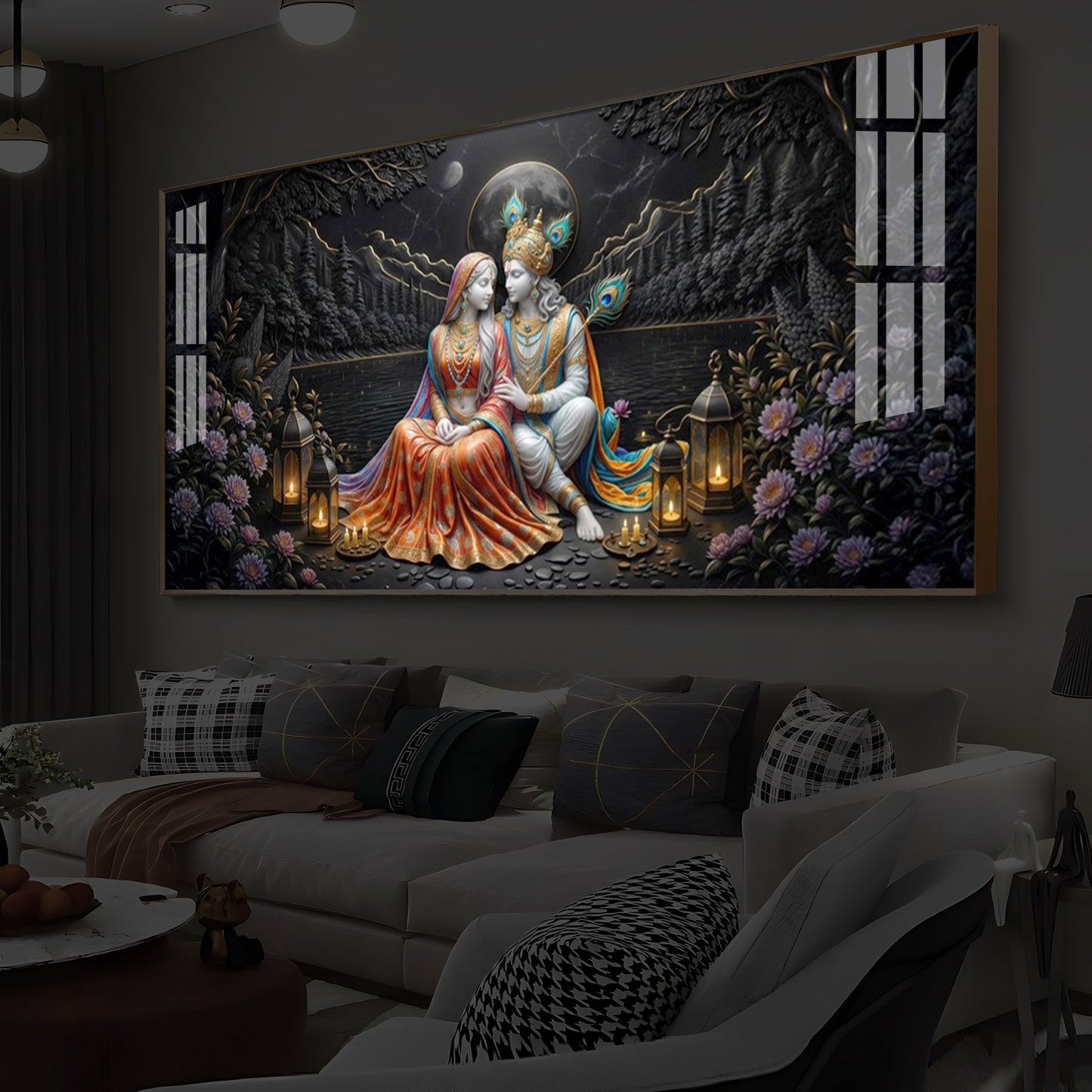 Hindu Deity Radha Krishna Modern Luxury Backlight Horizontal Wall Art