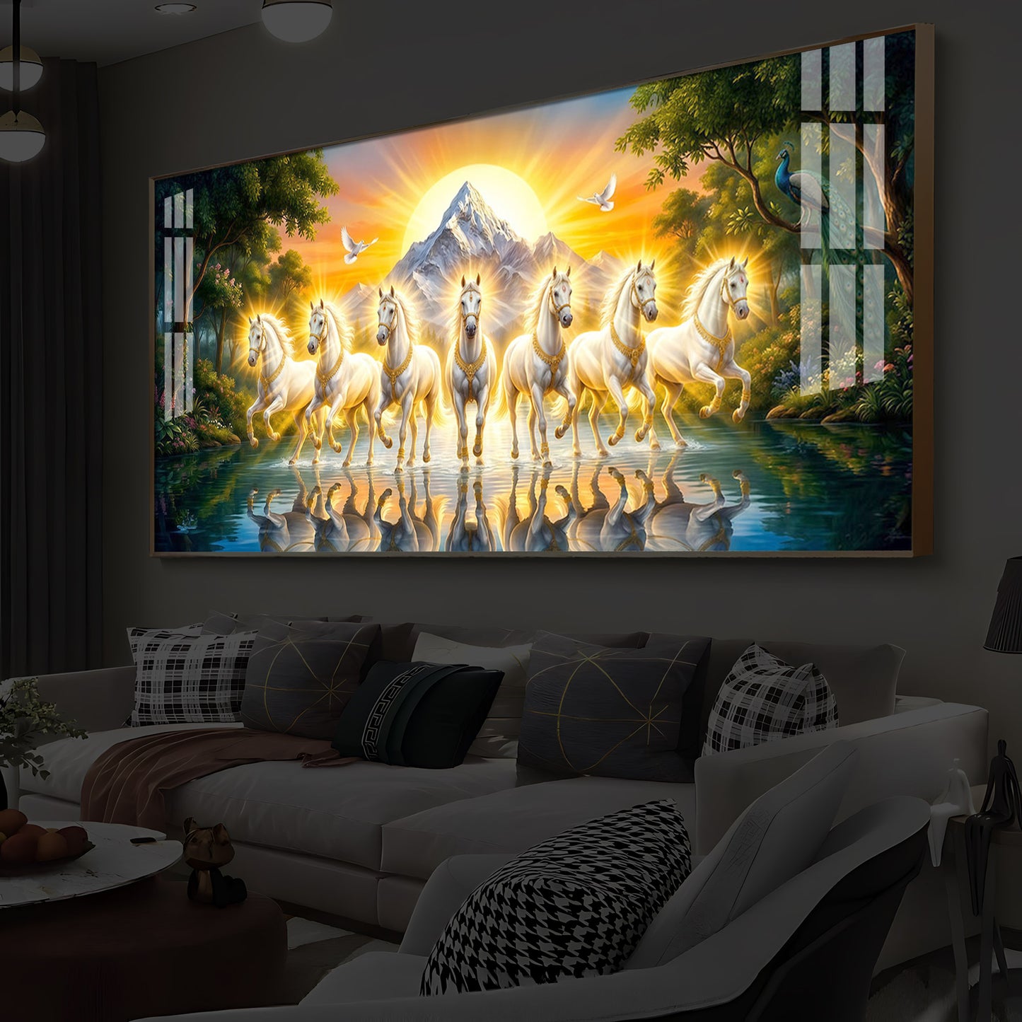7 White Horses River Glloping Modern Luxury Backlight Horizontal Wall Art