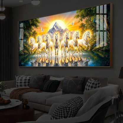 7 White Horses River Glloping Modern Luxury Backlight Horizontal Wall Art