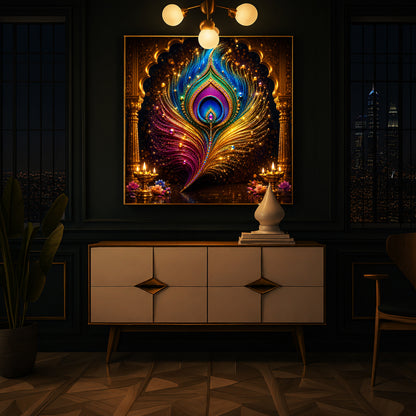 Glowing Peacock Feather Modern Luxury Backlight Square Wall Art
