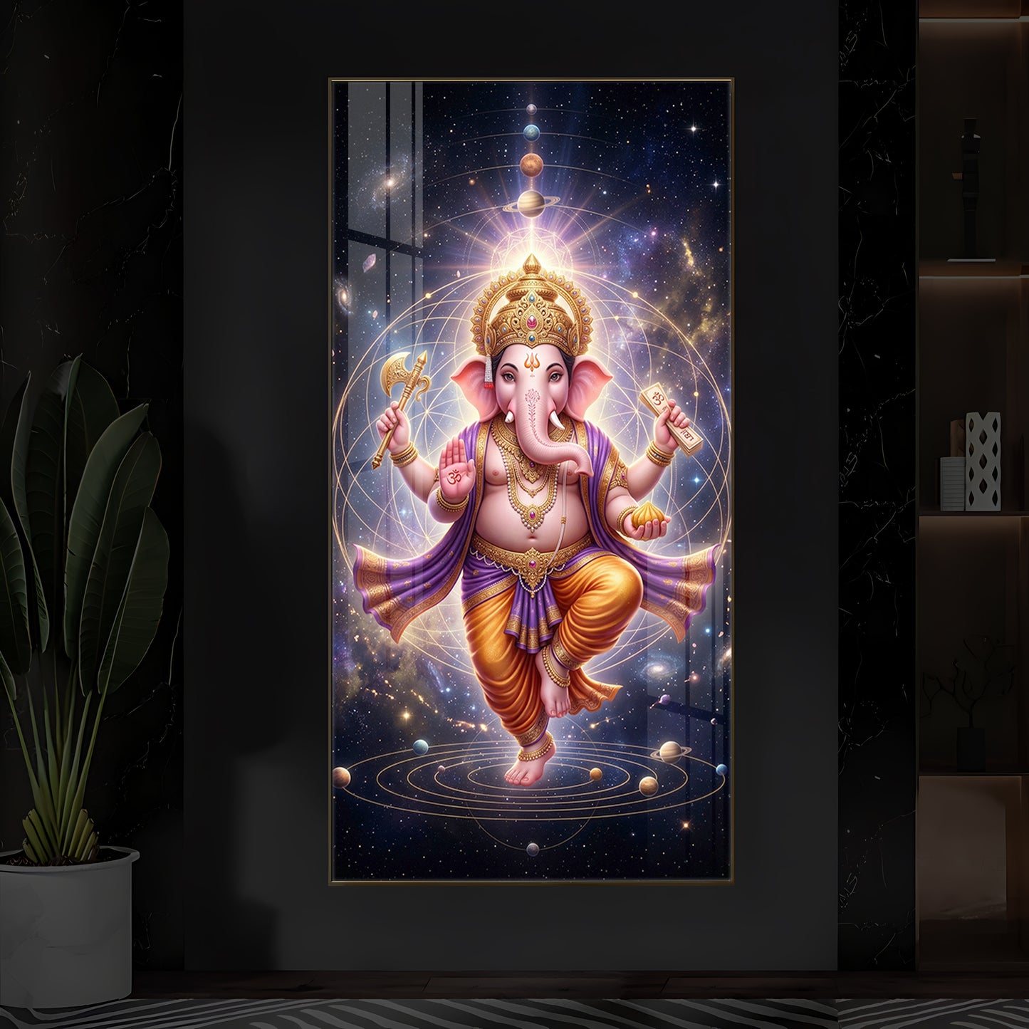 Shree Ganesha's Celestial Embrace Modern Luxury Backlight Vertical Wall Art