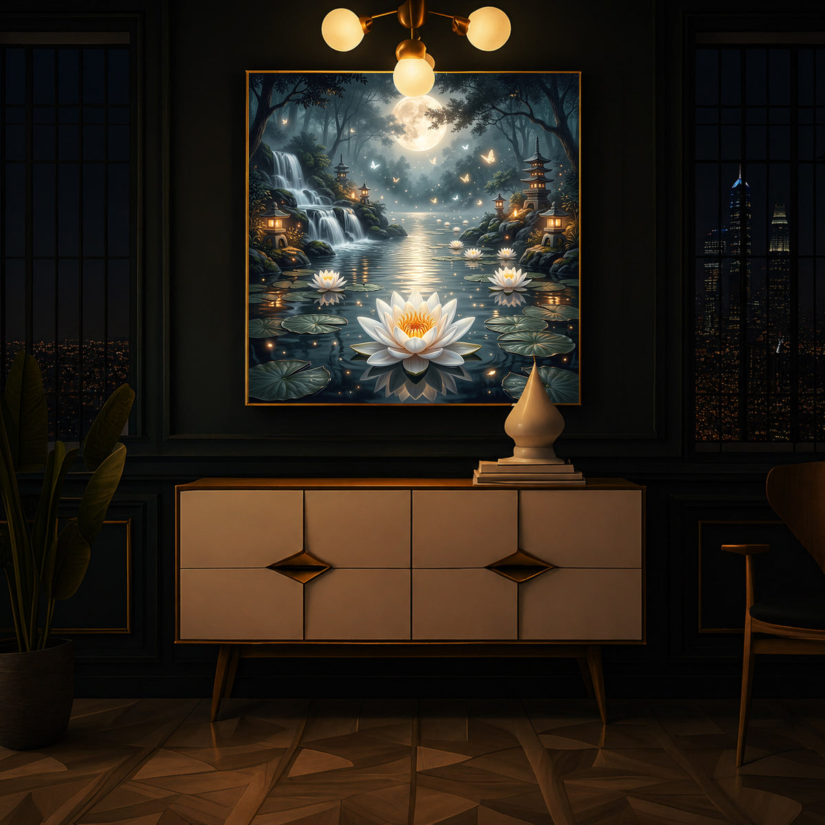 Moonlit Zen Lotus Pond Modern Luxury Backlight Square Wall Art