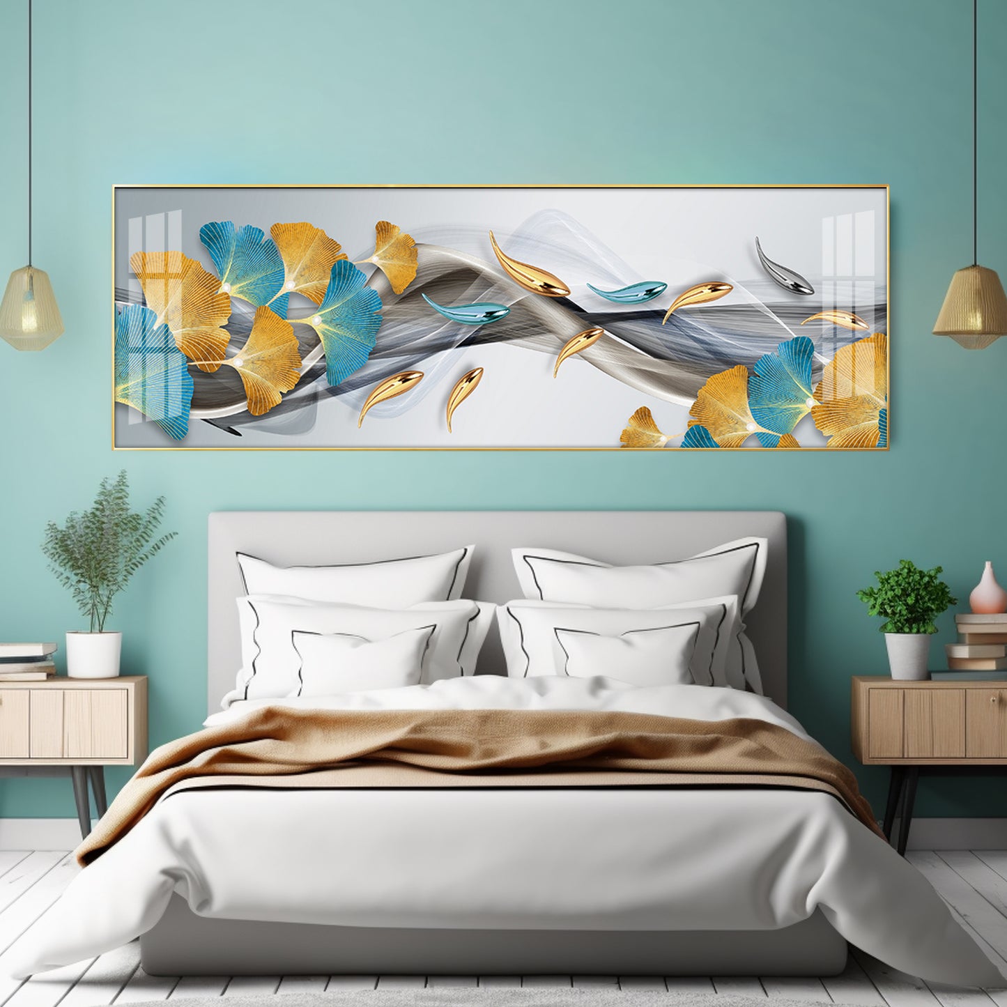 Blue & Golden Leaf Premium Acrylic Horizontal Wall Art