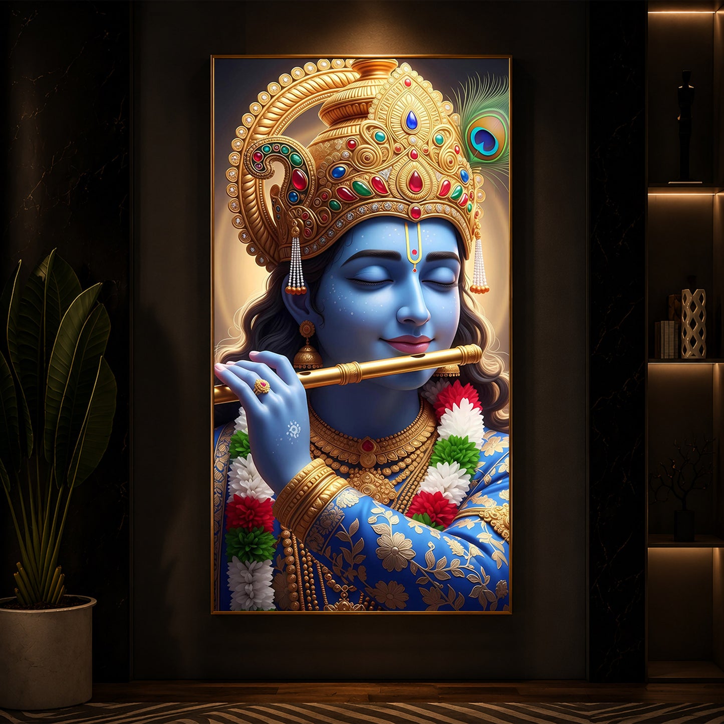 Lord Krishna Modern Luxury Backlight Vertical Wall Art