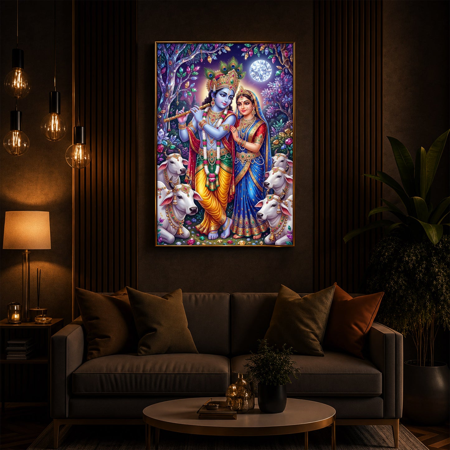 Lord Radha Krishna With Flute Modern Luxury Backlight Vertical Wall Art