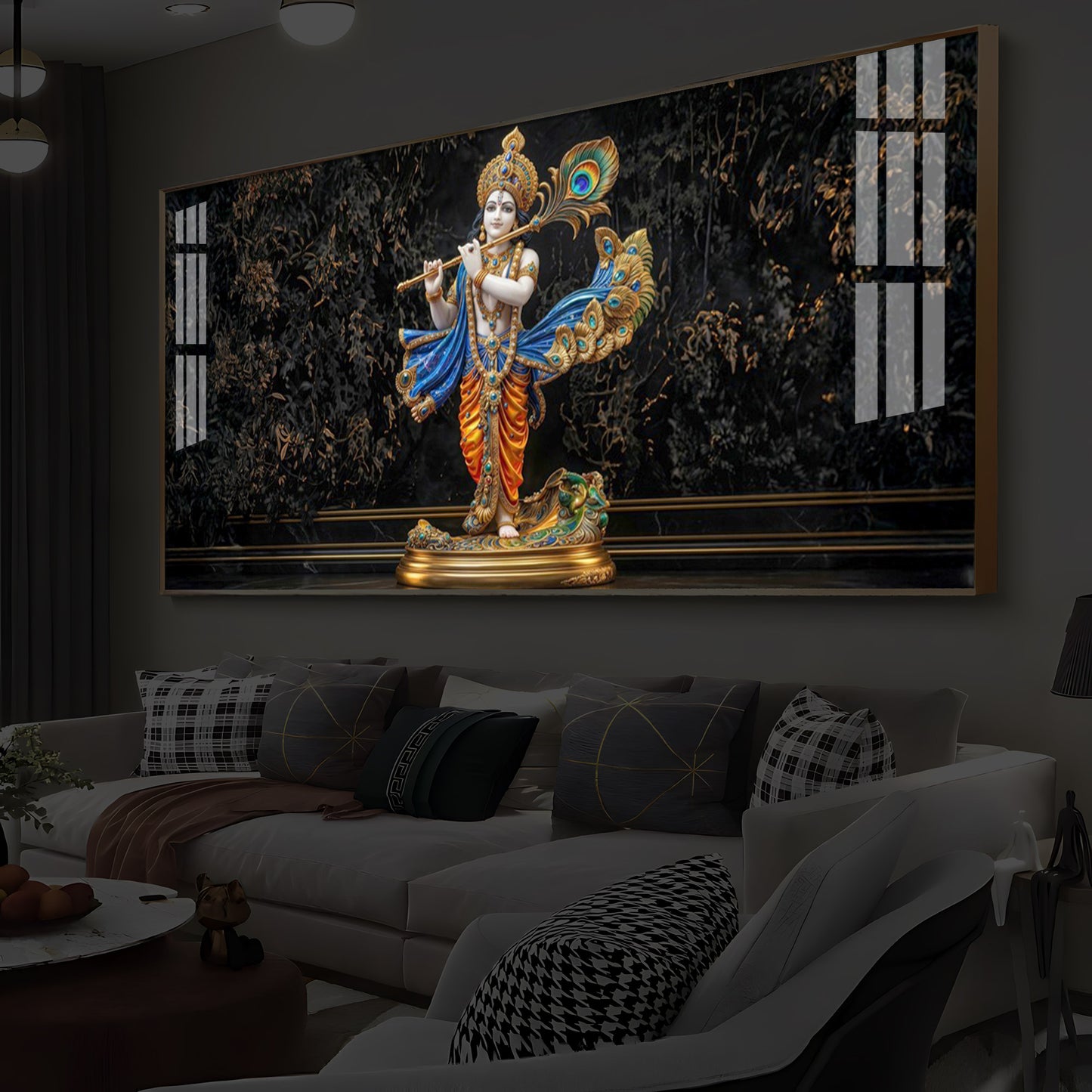 Lord Krishna With Flute Modern Luxury Backlight Horizontal Wall Art