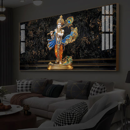 Lord Krishna With Flute Modern Luxury Backlight Horizontal Wall Art