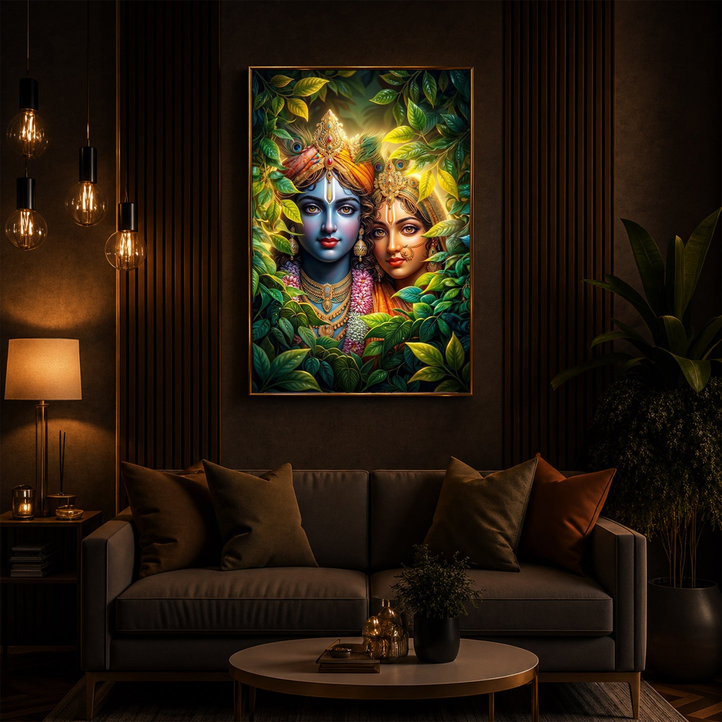 Lord Radha Krishna With Nature Modern Luxury Backlight Vertical Wall Art