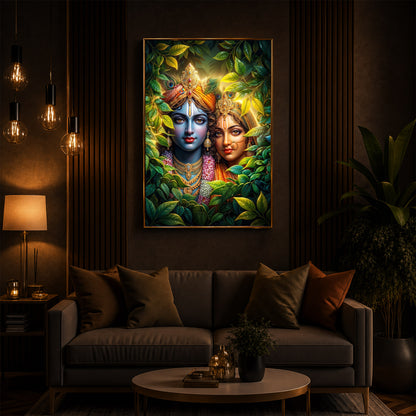 Lord Radha Krishna With Nature Modern Luxury Backlight Vertical Wall Art