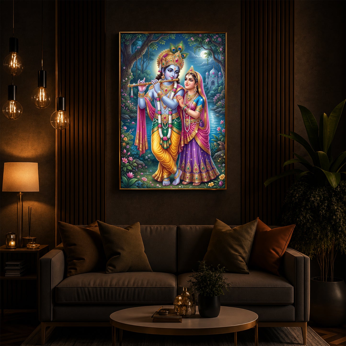 Hindu Deities Radha and Krishna Modern Luxury Backlight Vertical Wall Art