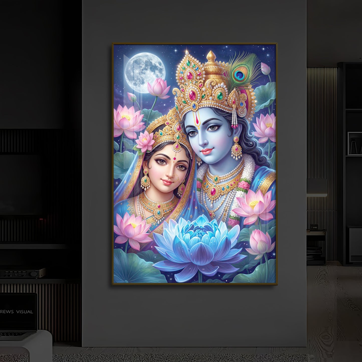 Radha Krishna Divine Togetherness Modern Luxury Backlight Vertical Wall Art