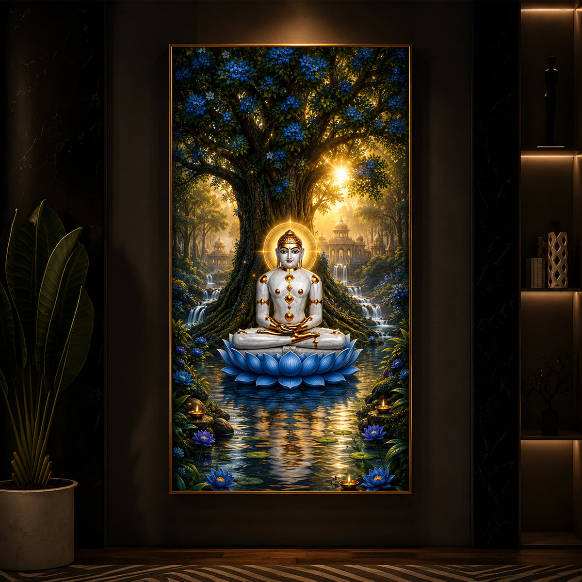 Divine Bhagwan Mahavir On Blue Lotus Modern Luxury Backlight Vertical Wall Art