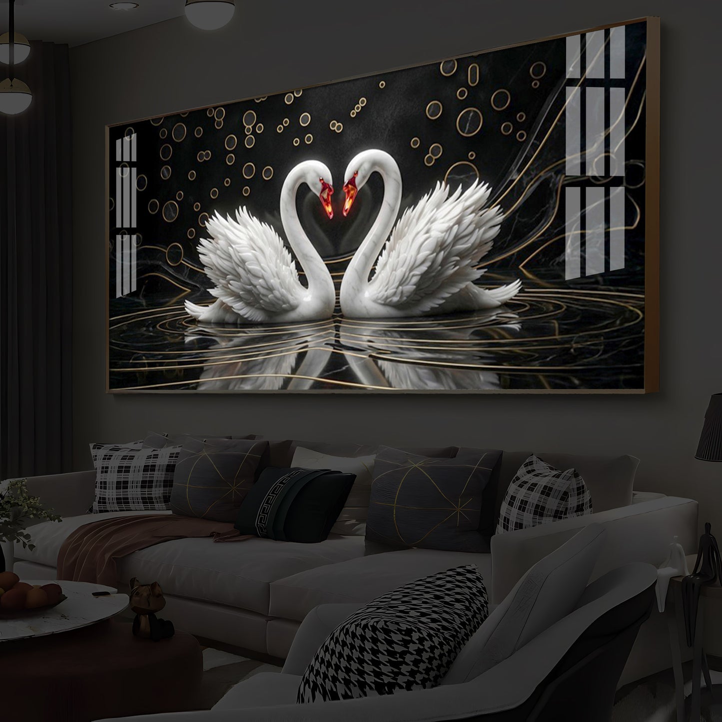 Two White Swans Forming A Heart Modern Luxury Backlight Horizontal Wall Art