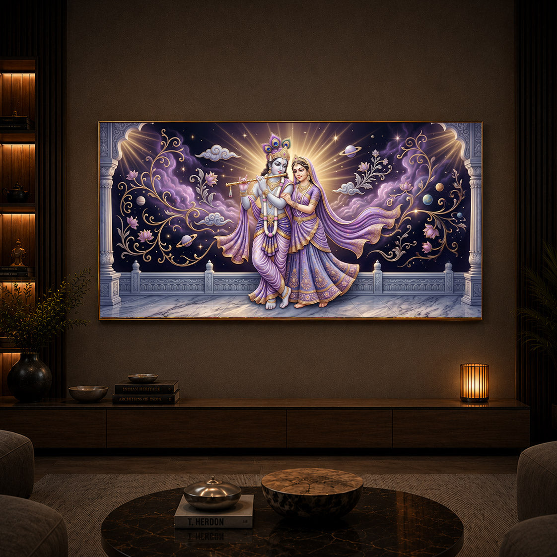 Divine Couple Radha Krishna Modern Luxury Backlight Horizontal Wall Art