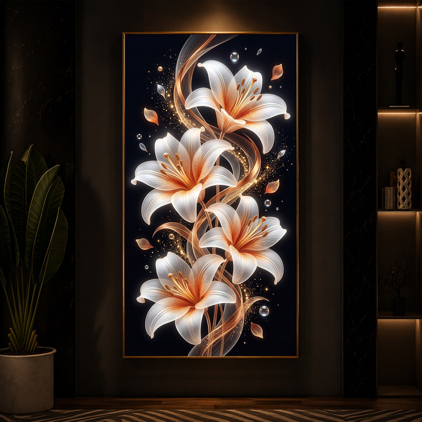 Glowing Golden Lily Modern Luxury Backlight Vertical Wall Art