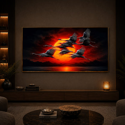 Flying Cranes At Sunset Modern Luxury Backlight Horizontal Wall Art