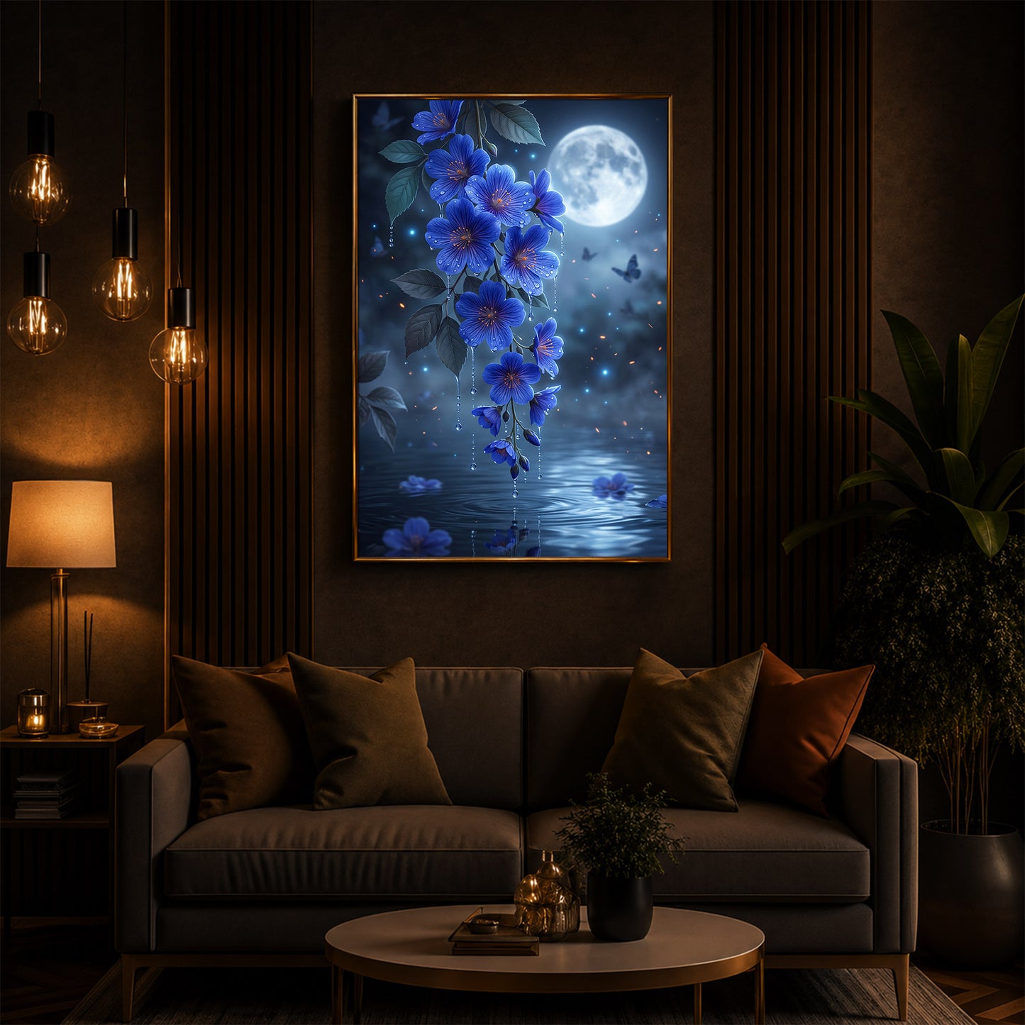 Moonlit Blue Blossoms Modern Luxury Backlight Vertical Wall Art