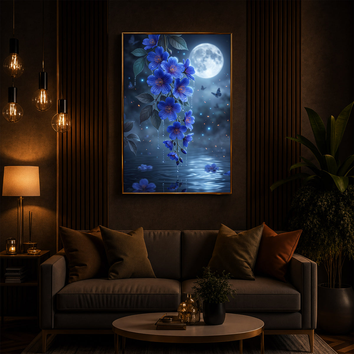 Moonlit Blue Blossoms Modern Luxury Backlight Vertical Wall Art