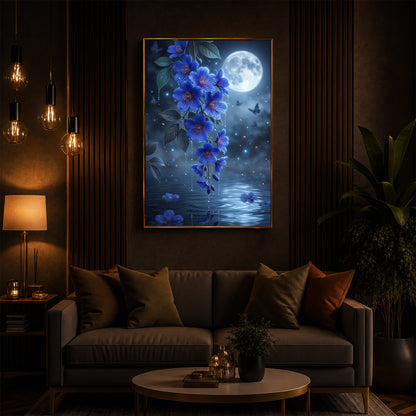 Moonlit Blue Blossoms Modern Luxury Backlight Vertical Wall Art
