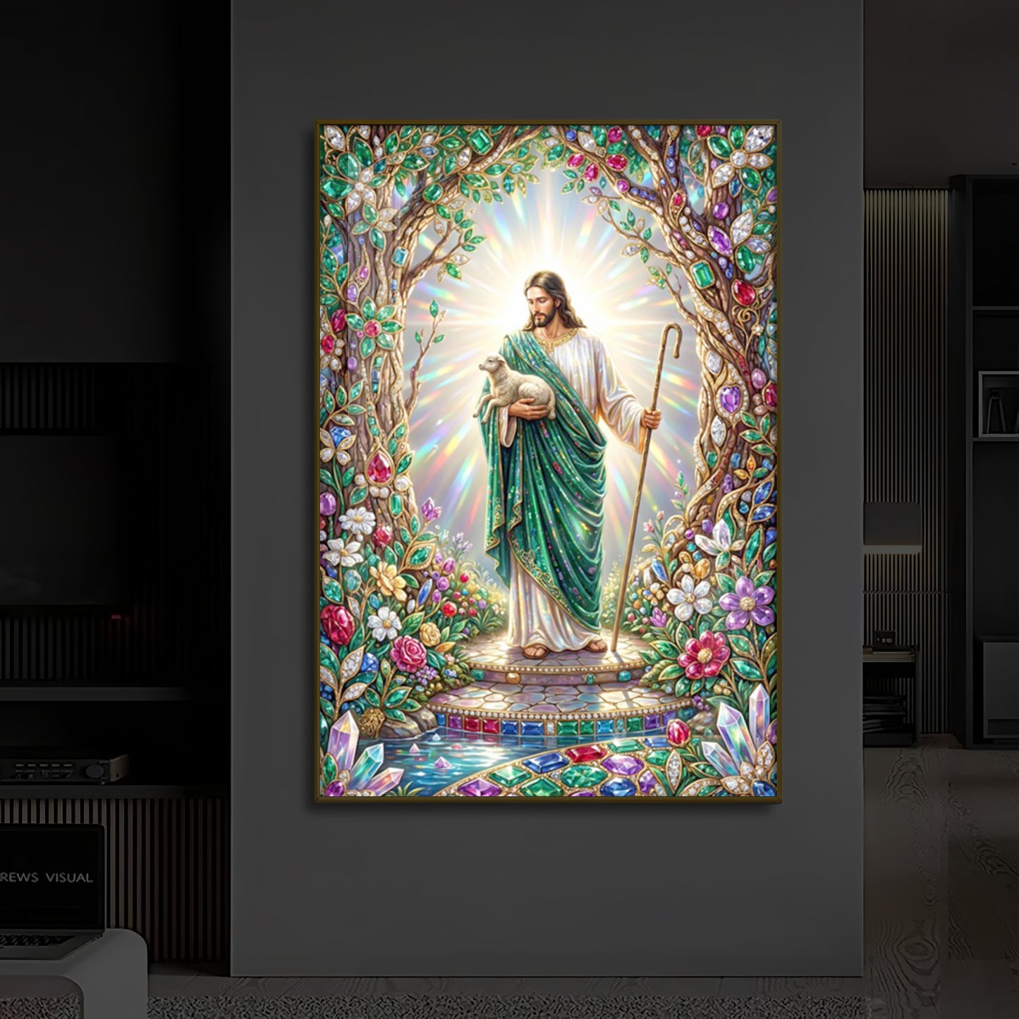 Divine Good Shepherd Jesus Modern Luxury Backlight Vertical Wall Art