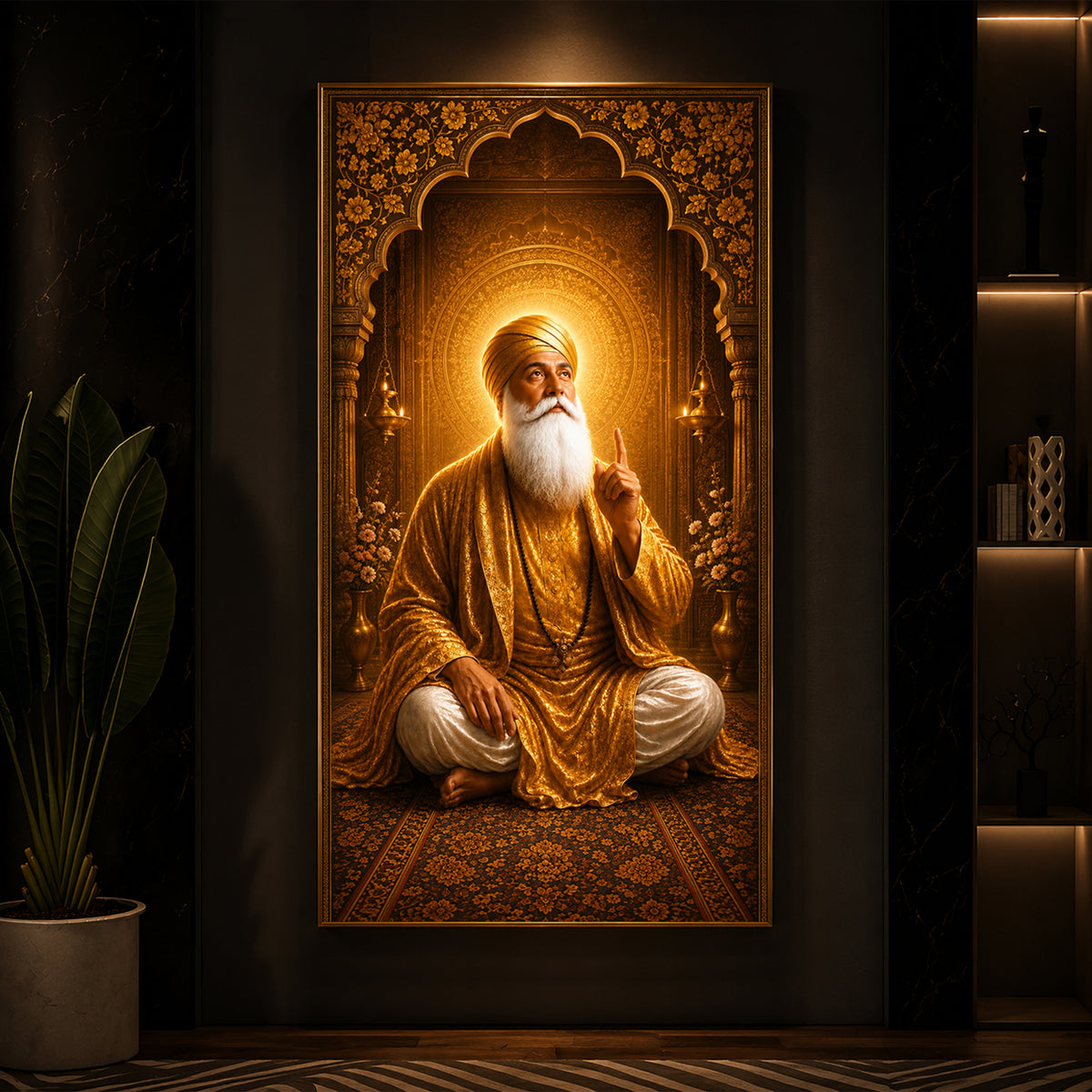 Divine Guru Nanak Dev Ji Golden Attire Modern Luxury Backlight Vertical Wall Art