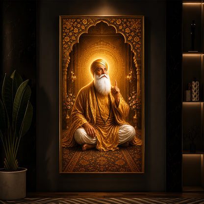 Divine Guru Nanak Dev Ji Golden Attire Modern Luxury Backlight Vertical Wall Art