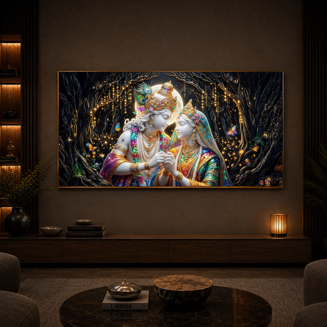 Spiritual Moonlight Radha Krishna Modern Luxury Backlight Horizontal Wall Art