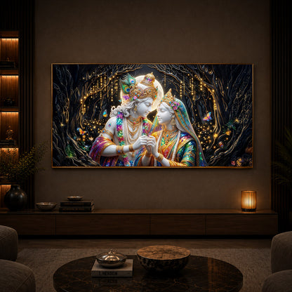Spiritual Moonlight Radha Krishna Modern Luxury Backlight Horizontal Wall Art