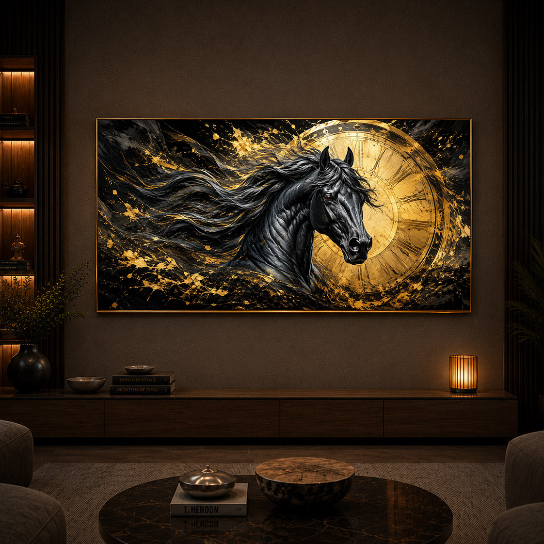 Abstract Black Horse Modern Luxury Backlight Horizontal Wall Art