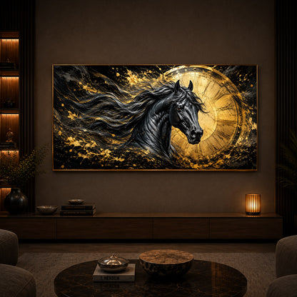 Abstract Black Horse Modern Luxury Backlight Horizontal Wall Art
