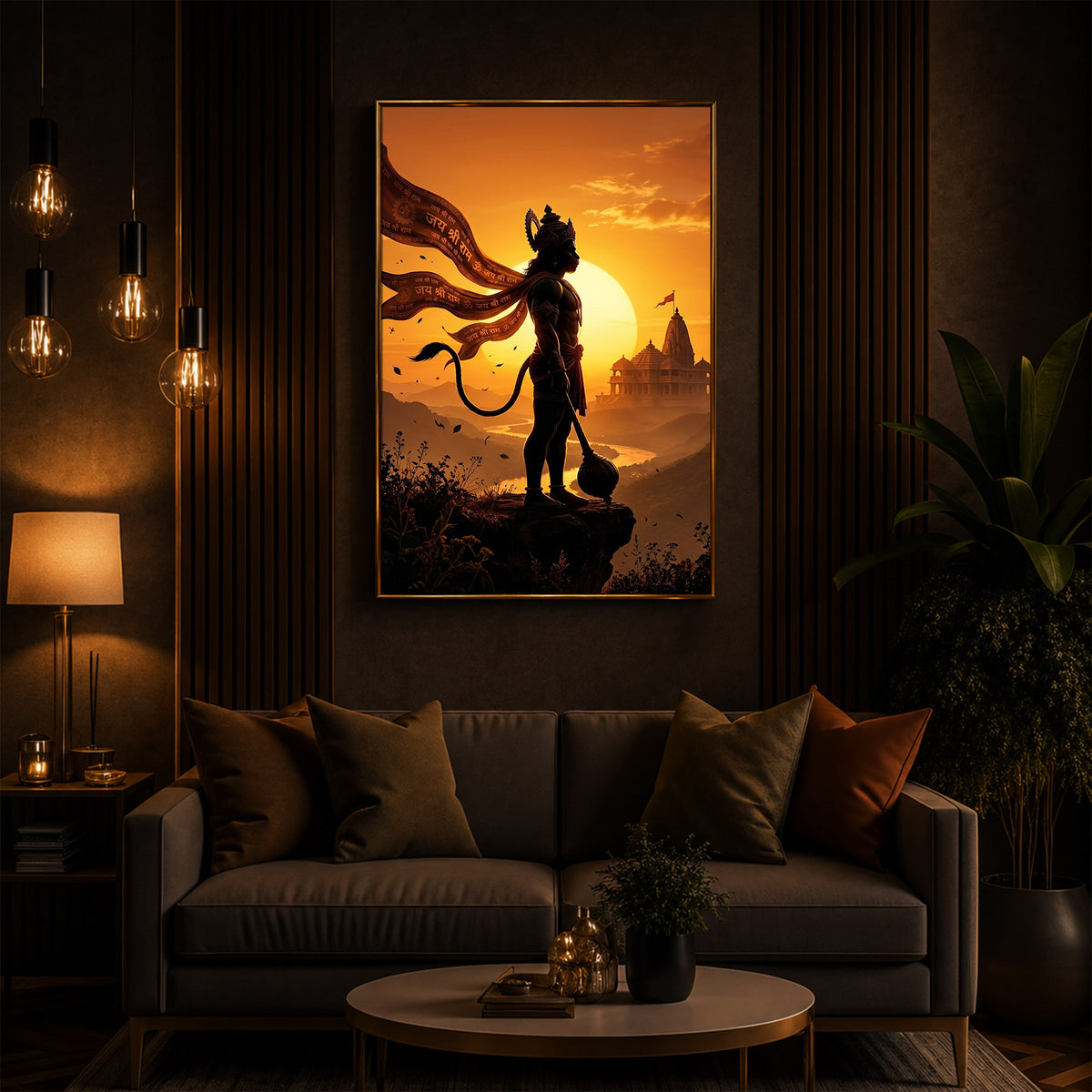 Lord Hanuman With Sunrise Modern Luxury Backlight Vertical Wall Art