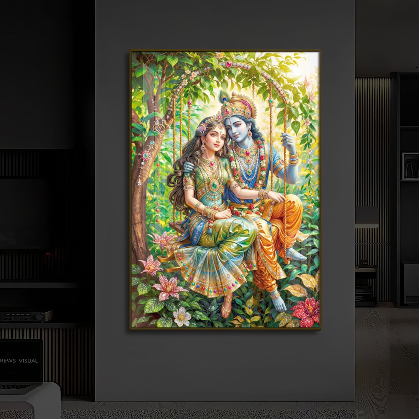 Radha Krishna Modern Luxury Backlight Vertical Wall Art