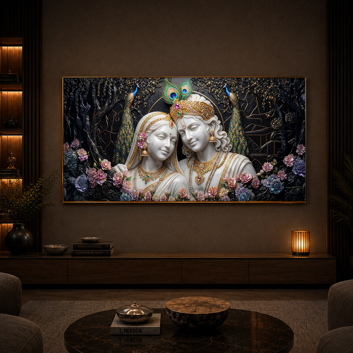 Beautiful Radha Krishna Modern Luxury Backlight Horizontal Wall Art