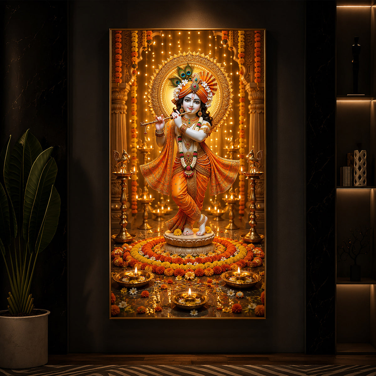 Beautiful Divine Krishna With Flute Modern Luxury Backlight Vertical Wall Art