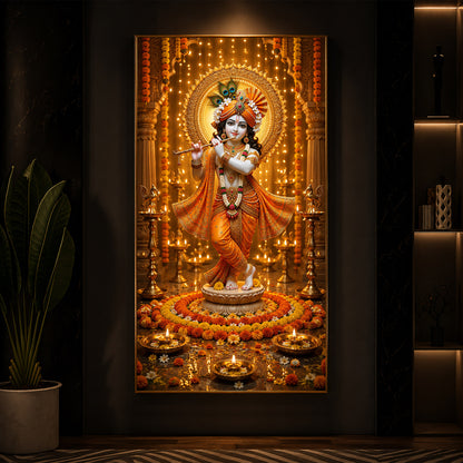 Beautiful Divine Krishna With Flute Modern Luxury Backlight Vertical Wall Art