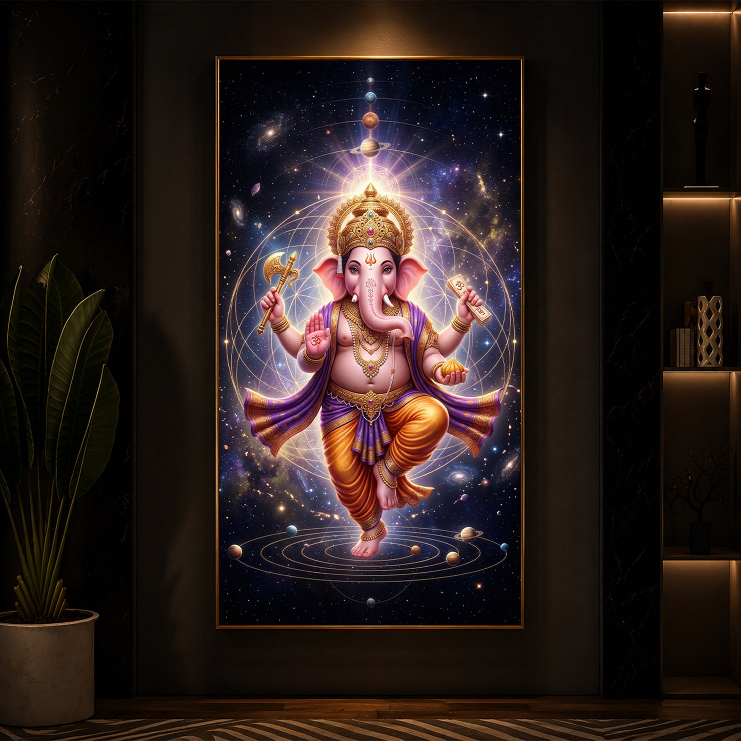 Shree Ganesha's Celestial Embrace Modern Luxury Backlight Vertical Wall Art