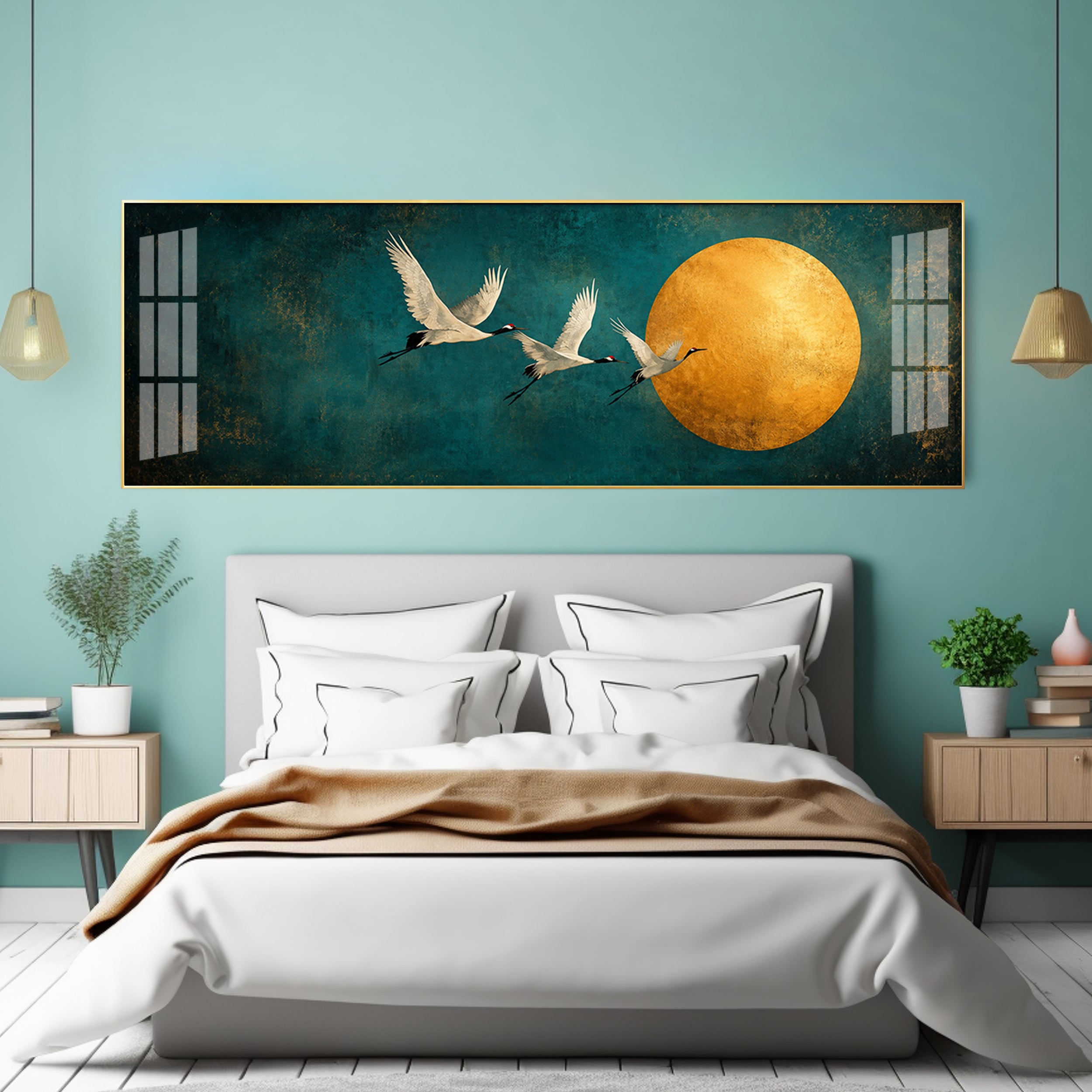 Three Cranes Golden Sun Teal Premium Acrylic Horizontal Wall Art