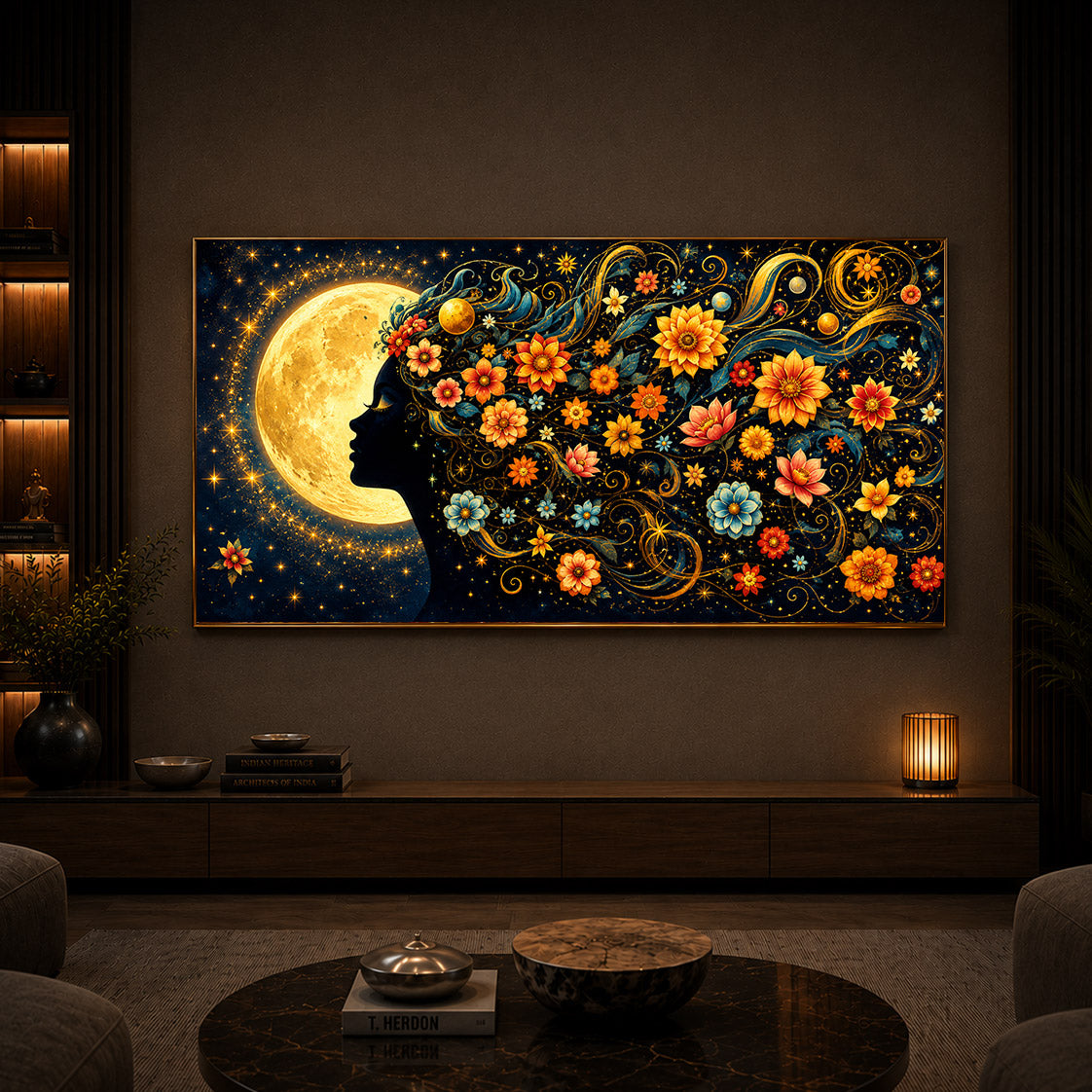Dreamy Moon Girl Modern Luxury Backlight Horizontal Wall Art