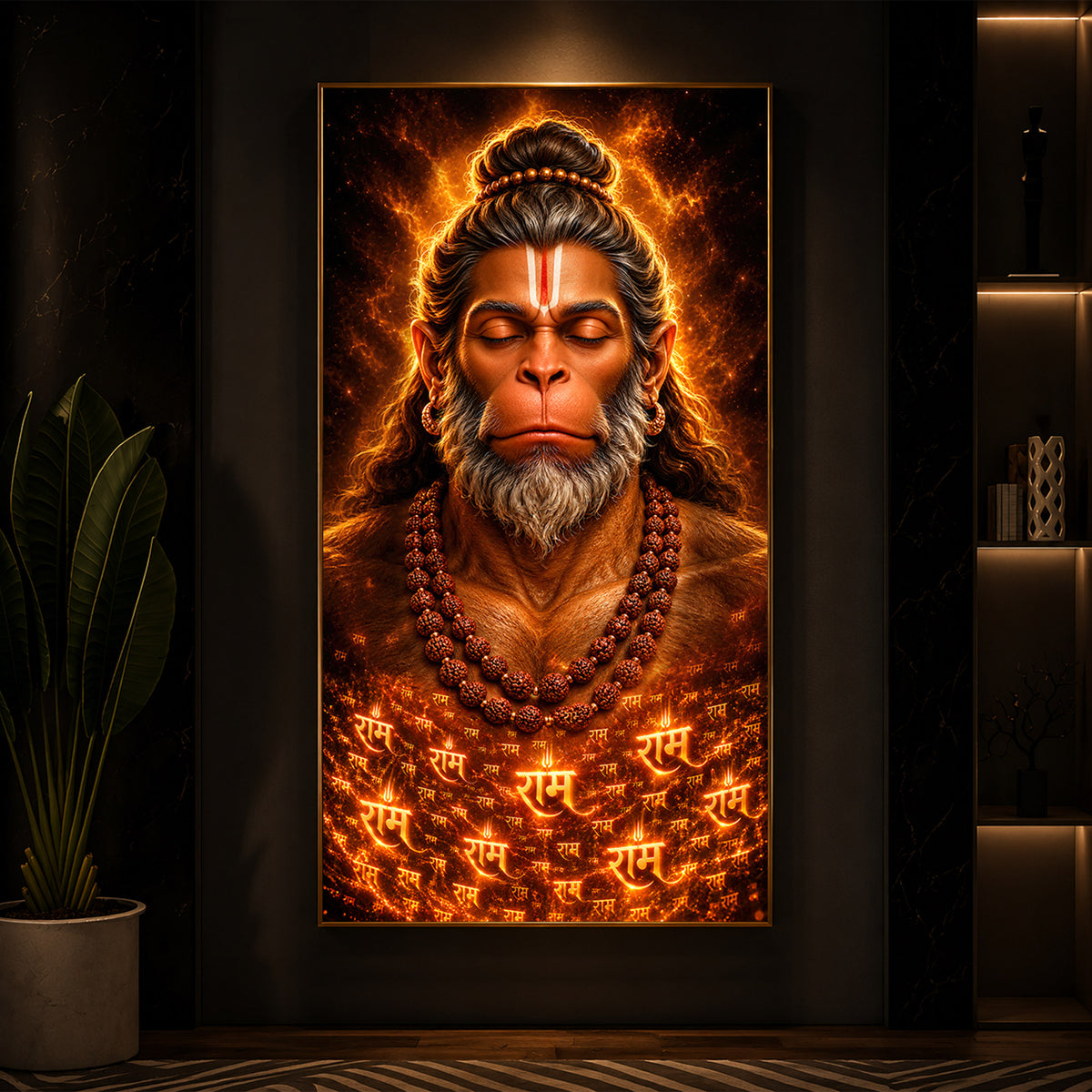 Divine Bajrangbali Meditating Modern Luxury Backlight Vertical Wall Art