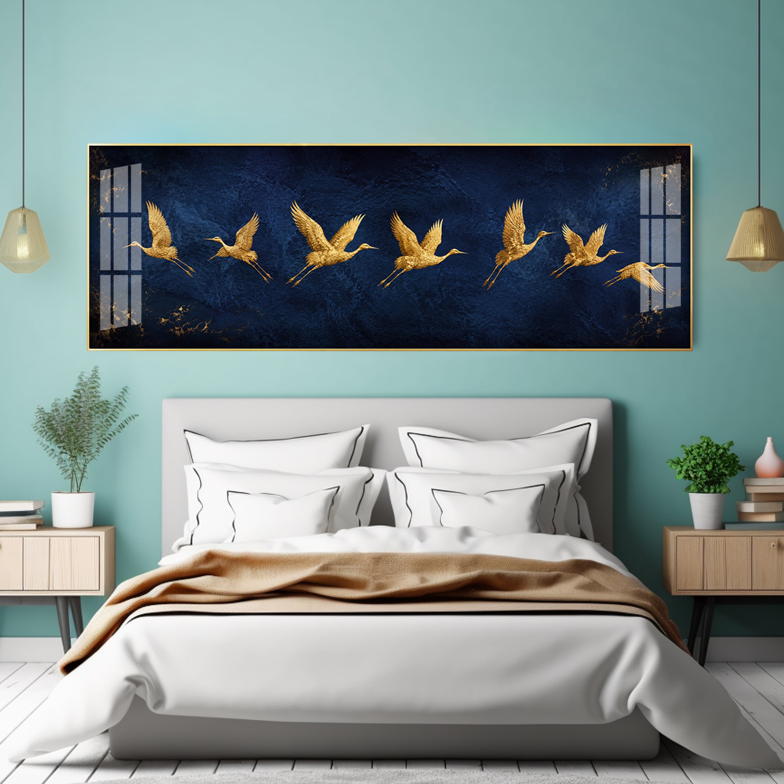 Golden Flying Cranes Dark Blue Premium Acrylic Horizontal Wall Art