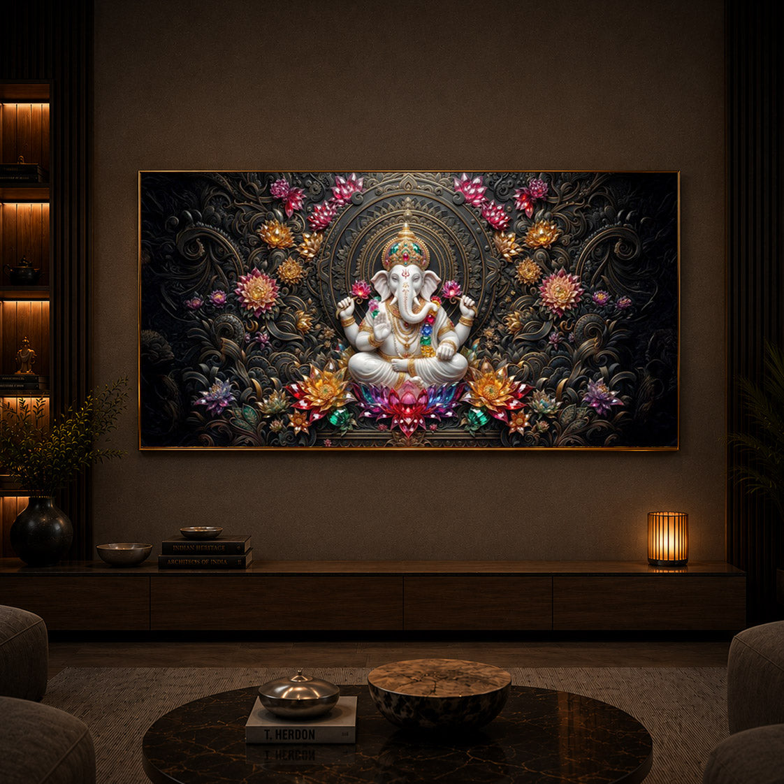 Lord Ganesha Blooming Lotuses Modern Luxury Backlight Horizontal Wall Art