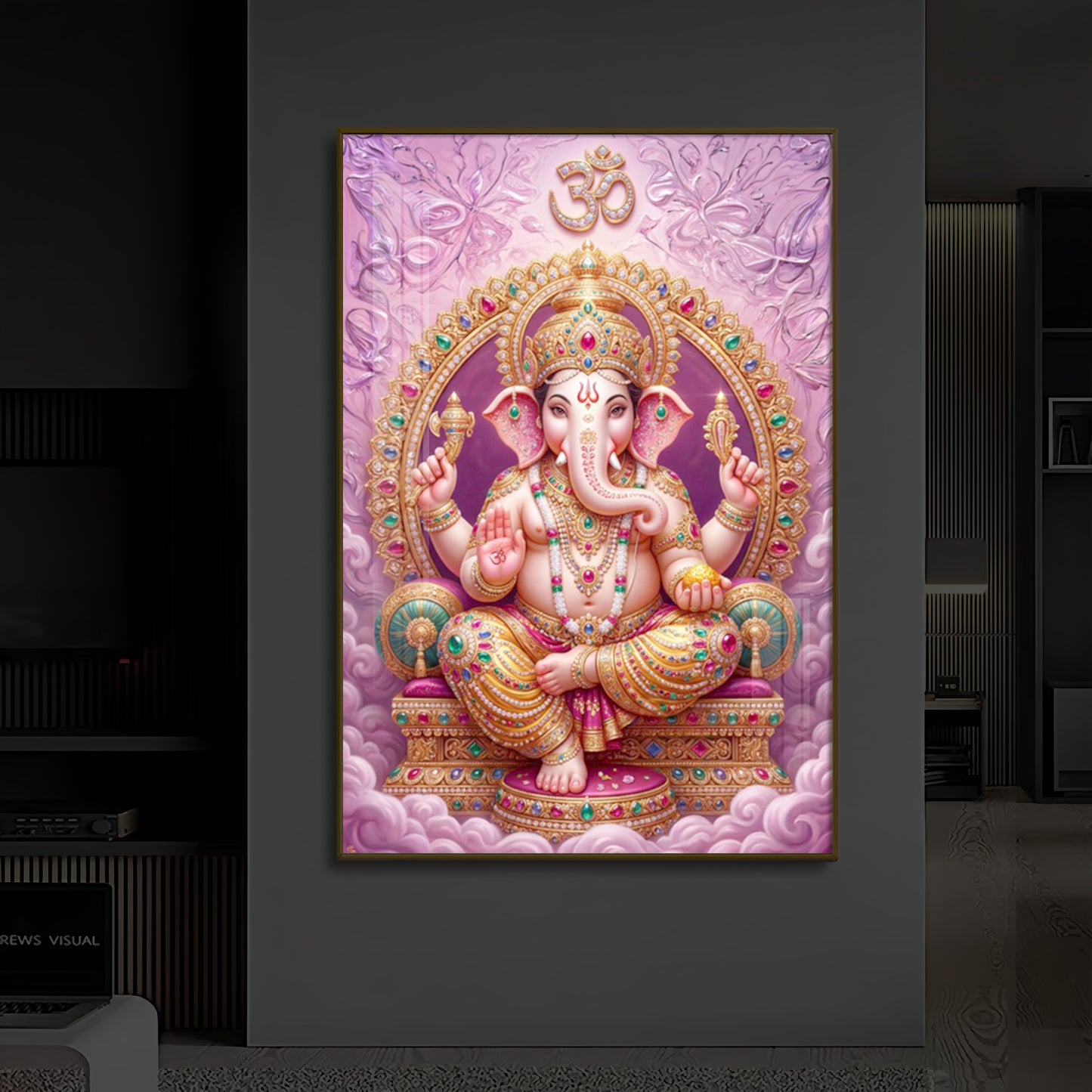 Vakratunda Mahakaya Ganesh Ji Modern Luxury Backlight Vertical Wall Art