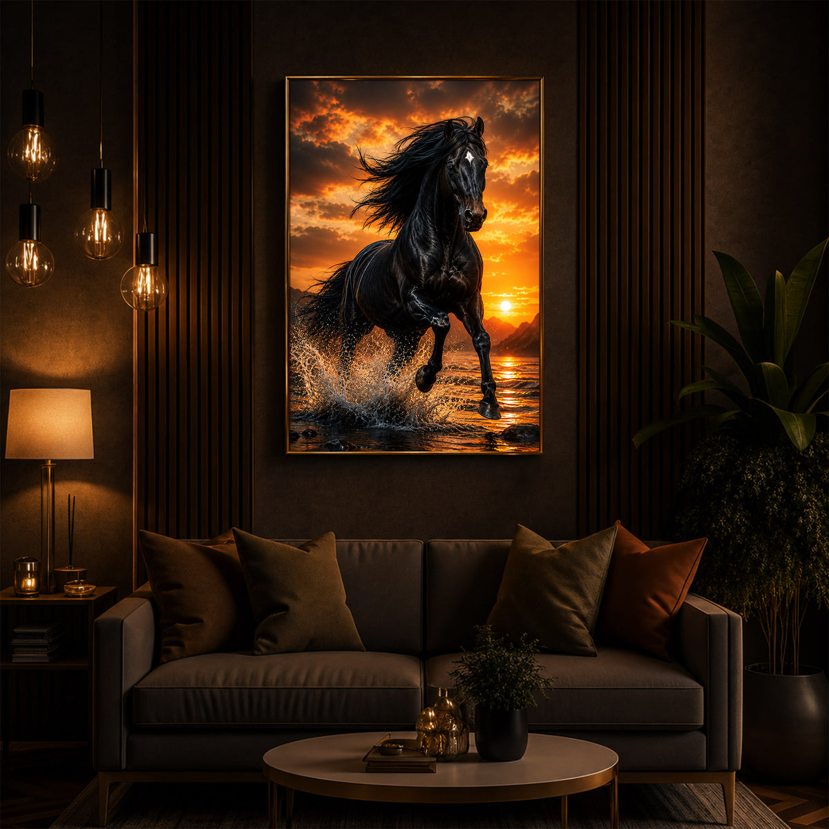 Vastu Black horse Modern Luxury Backlight Vertical Wall Art