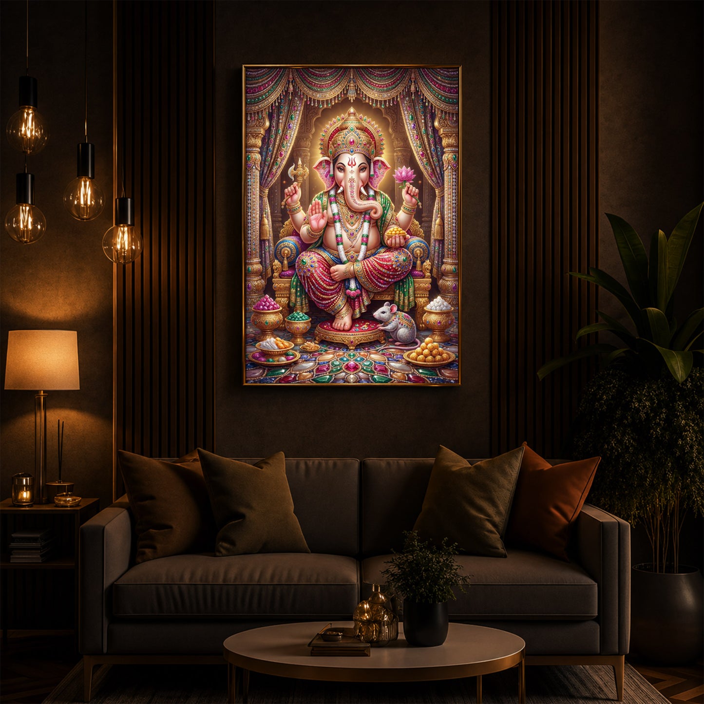 Shree Ganesh Darbar Modern Luxury Backlight Vertical Wall Art