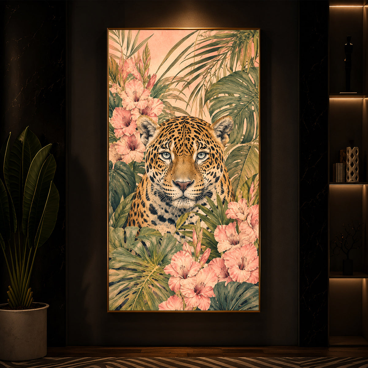 Tropical Jaguar & Flora Modern Luxury Backlight Vertical Wall Art